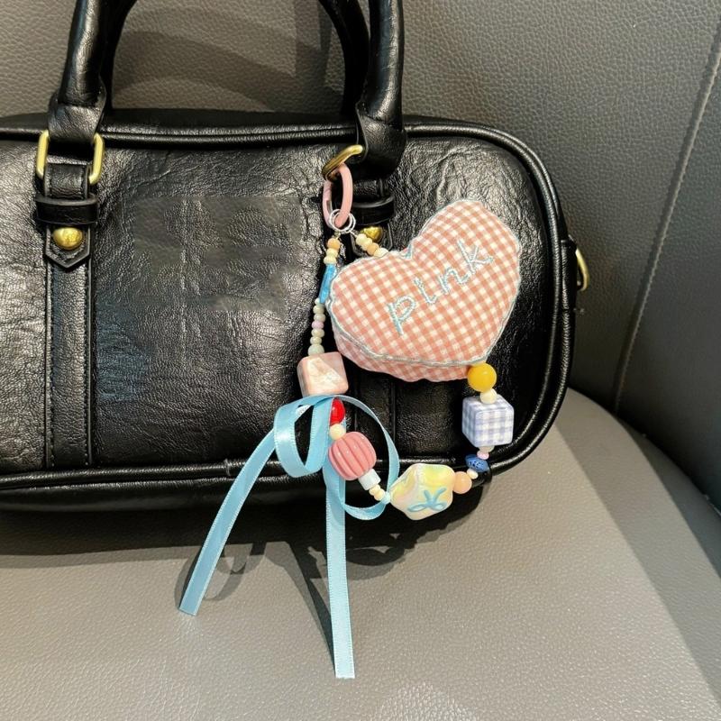 Cotton Grids Pattern Heart Shape Keychain Charm Handmade Phone Chain Women Car Key Holder Stylish Camera Bag Accessory