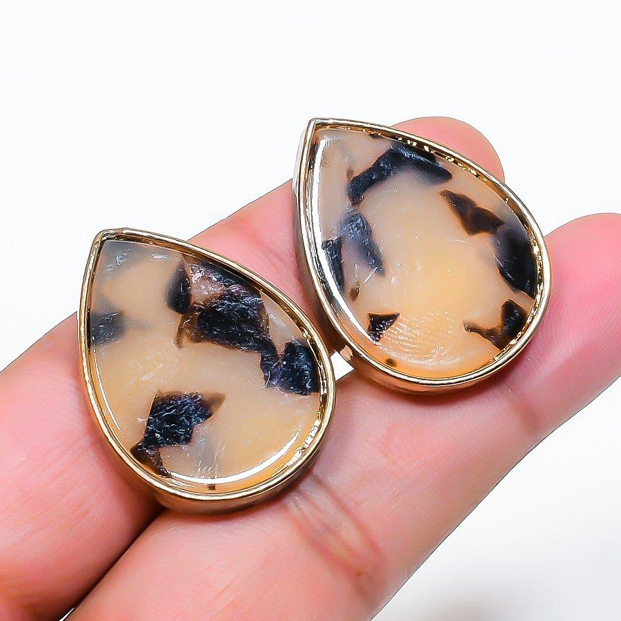Natural Dendrite Opal Gemstone Brass Jewelry Earring 1.18  RE-10