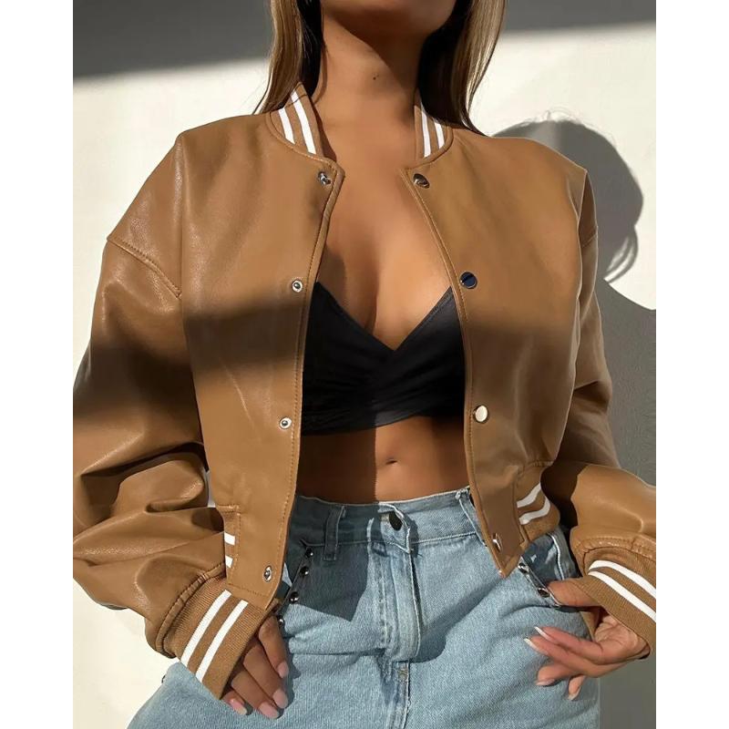 New Women's Faux Leather Jacket, Long Sleeve Biker Style PU Coat Oversize Two Pockets, Winter Fashion Trench Coat for Ladies