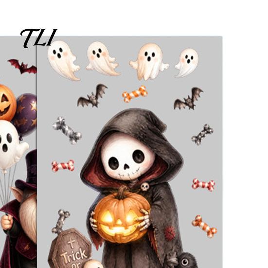 Outdoor Balcony Scene Setting 4Pcs Halloween Cartoon Window Clings, Pumpkin Ghost Scarecrow Stickers, Decorative Glass Decals for Party