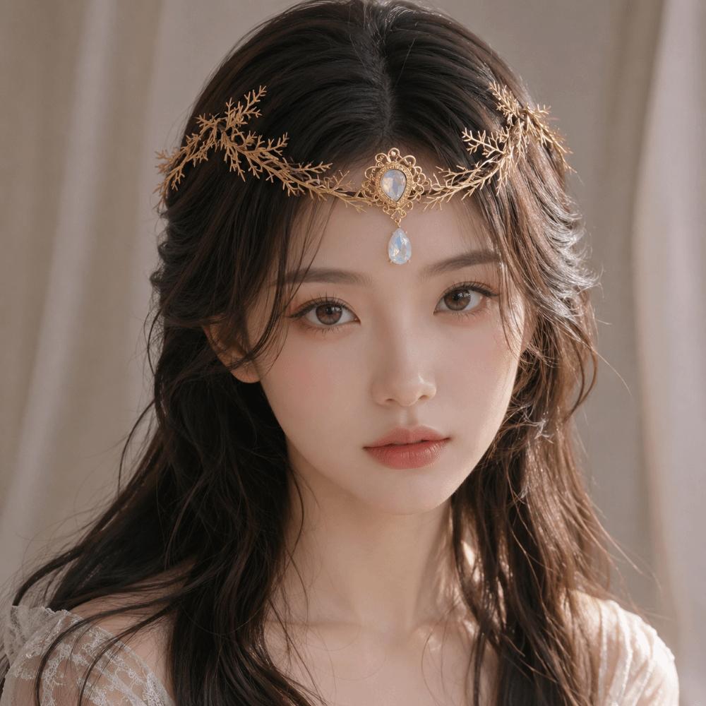 Renaissance Bridal Forehead Chain Green Gemstone Branch Leaf Headpiece Outdoor Photo Prop