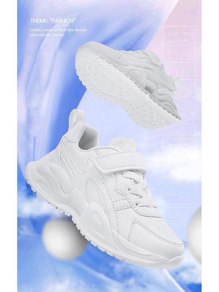 Kids' White Sports Shoes – Breathable Leather Sneakers for Boys and Girls, Ideal for Spring and Autumn Activities