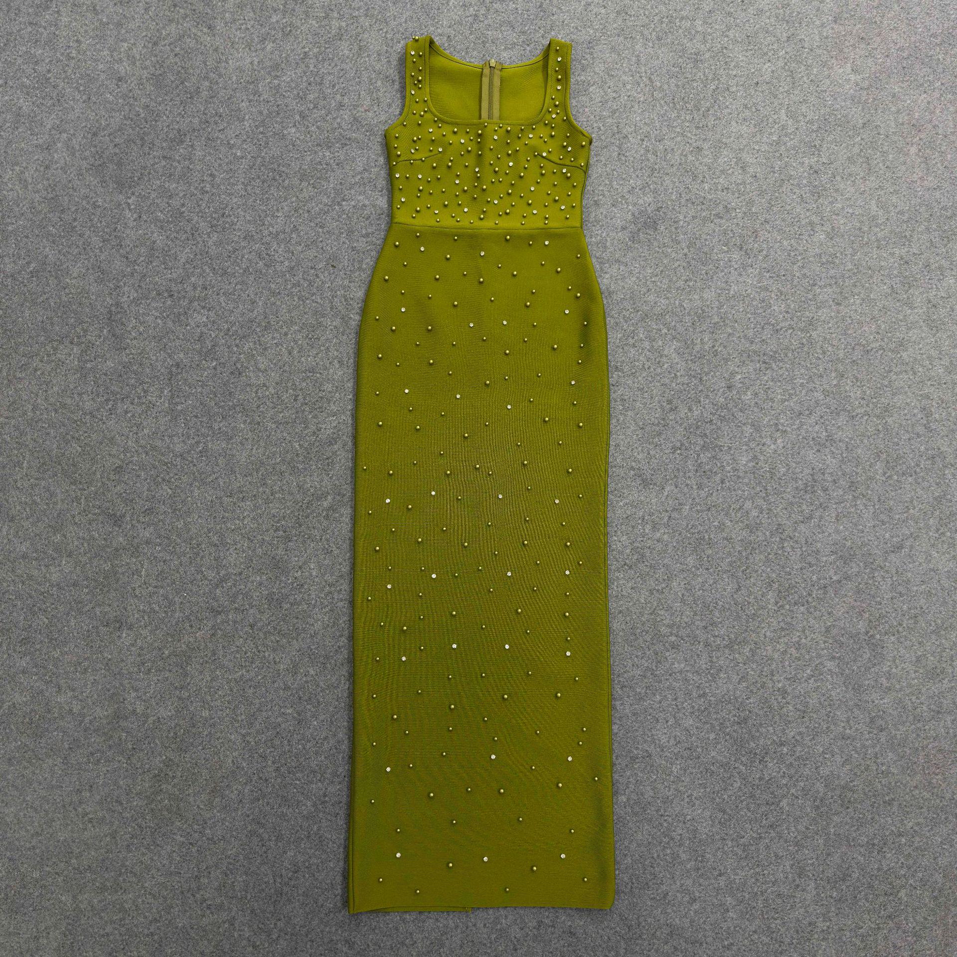 

Роскошное облегающее платье-камсоль с бисером и стразами для вечера XL армия зеленый