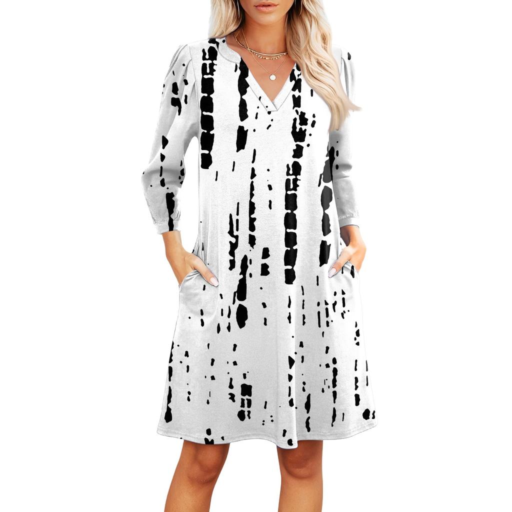 Women's Fashion V-neck Casual Beach Dress Three-quarter Sleeves Striped Print Dress