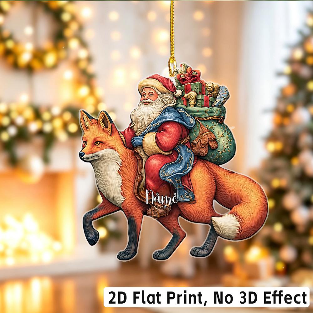 2D Flat‑Custom Name Irregular Acrylic Ornament,Santa Riding Red Fox Pattern Xmas Tree Hanging Pendant Holiday Gift
