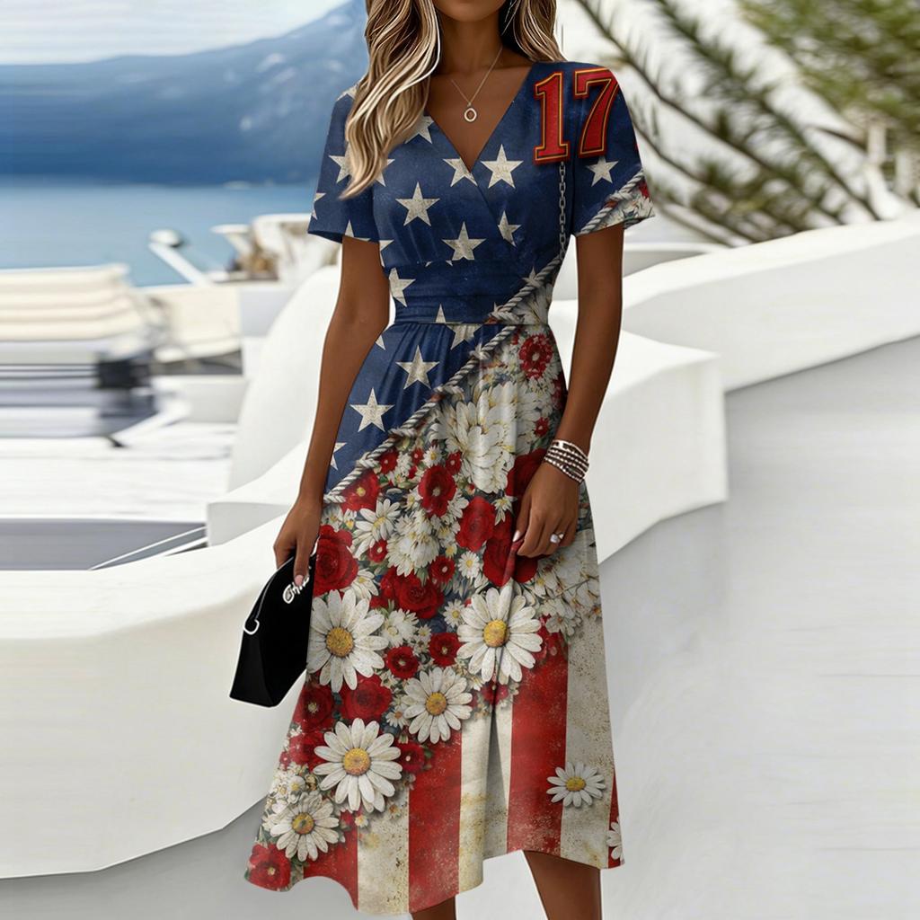 Women's Independence Day Print Casual Fashion Short Sleeve V-Neck Dress