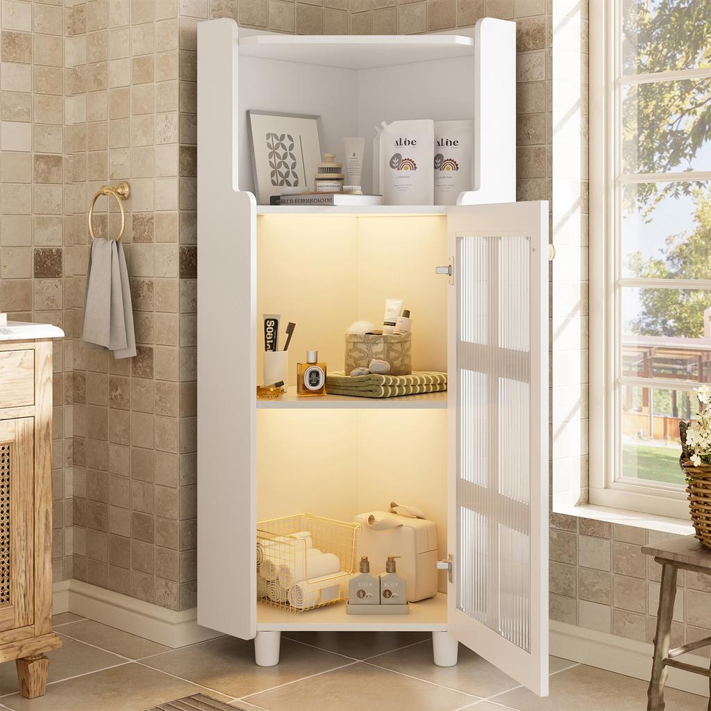 Angoliera Bianca con Finitura Laccata e Illuminazione LED – Cassettiera con Controllo App, per Soggiorno, Libreria, Bagno (63,5*124 cm, Bianco)