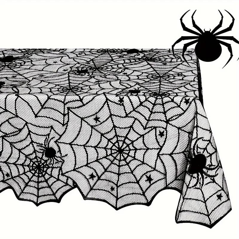 Halloween Spiderweb Tablecloth Black Lace Cobweb Decor with Spiders Ideal for Fireplace Mantle Kitchen & Party Table Decorations