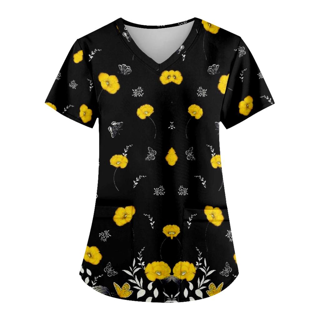 Dámská módní pracovní uniforma s potištěným tričkem a krátkým rukávem