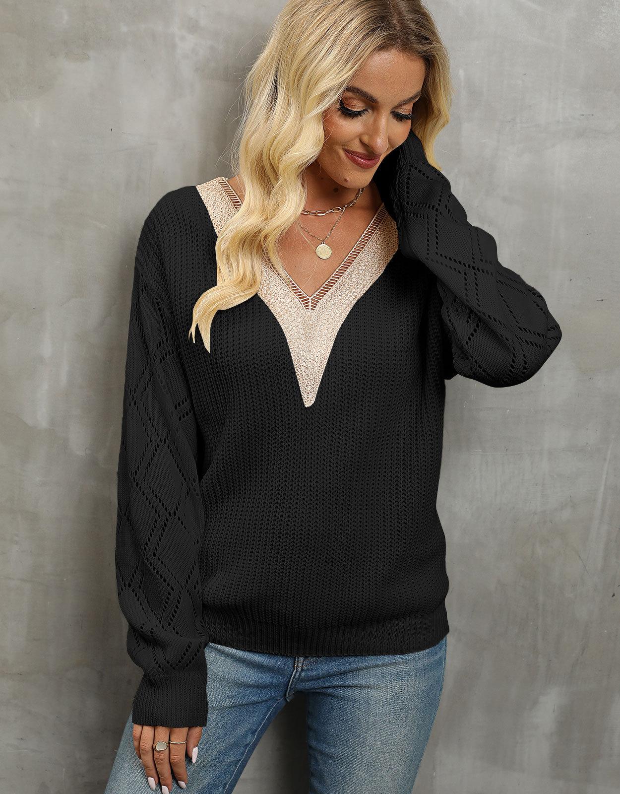 Женский осенне-зимний свободный повседневный свитер с V-образным вырезом и кружевом M чёрный 3959₽