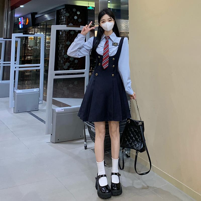 Autumn fake two-piece POLO collar dress women's large size temperament waist college style splicing shirt skirt