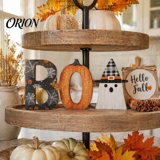 Customizable Halloween Letter Set Wooden BOO Ornaments, Lettering Decorations, Rustic Bat Pumpkin Ghost Playful Desktop Decorations Table Signs