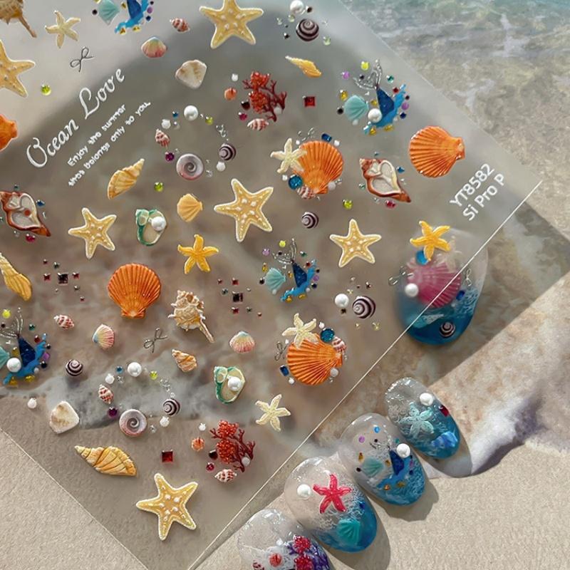 Relief Shell Starfish Nail Stickers Cute Starfish Decorative Stickers For Nails Diy 3D Self Adhesive Summer Nail Decals