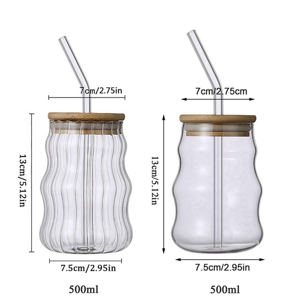 Glass Cup Straw Cup with Lid Striped Glasses Water Cup Coffee Cup Milk Cup