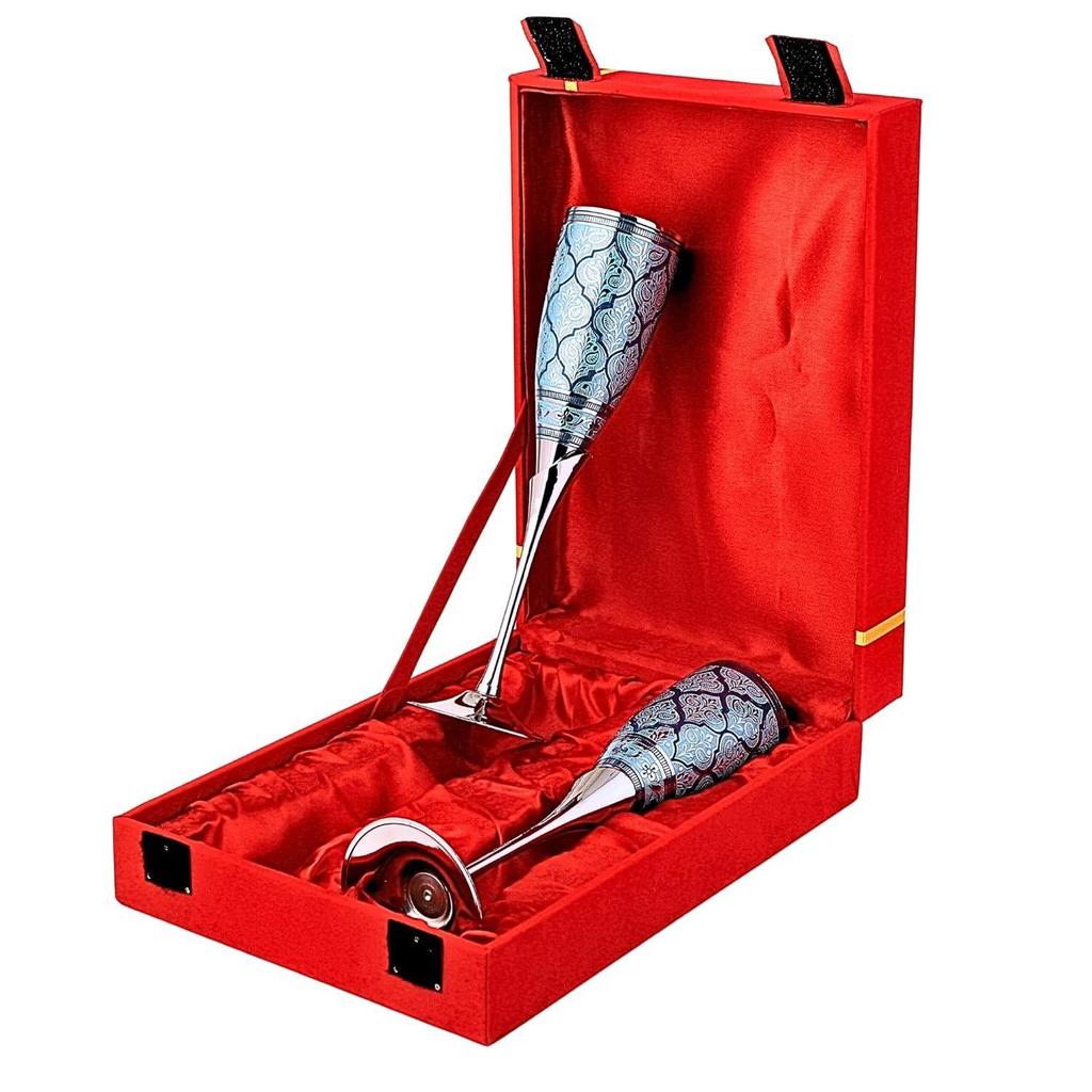 Glasses, Metal Goblet, Champagne Flutes, Diwali, Wedding Anniversary Gift for Couple Marriage, Corporate Clients- Set of 2, Blue Flutes Design