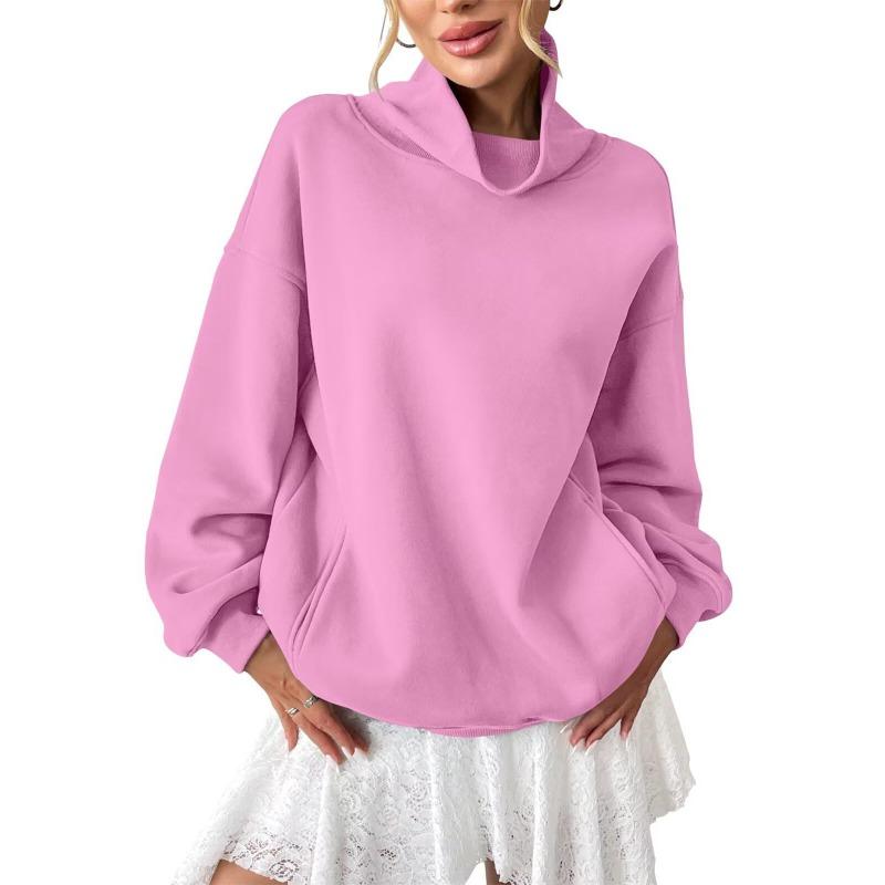 Women Loose Fleece Lined Mock Neck Long Sleeve Pullover Sweatshirt