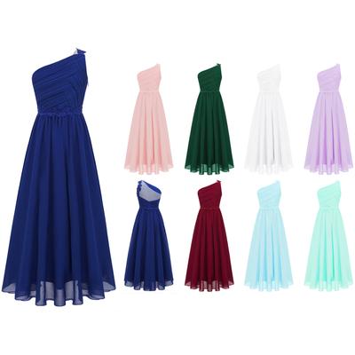 Girls One Shoulder Pleated Evening Wedding Party Long Maxi Maxi Junior Bridesmaid Dress Kids First Communion Dresses