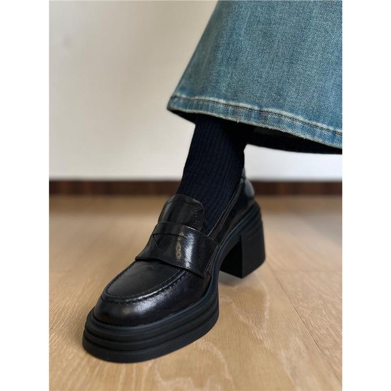 7cm~ Silent sole soft leather thick sole loafers women's thick heel high heel single shoes girls small height increase small leather shoes