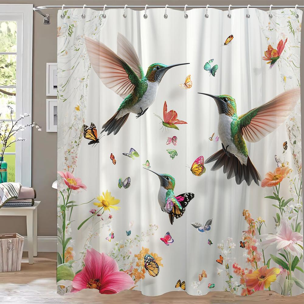 Beautiful Flower And Bird Printed Shower Curtain Partition Privacy Hanging Home Decoration Curtain With Hooks Machine Washable
