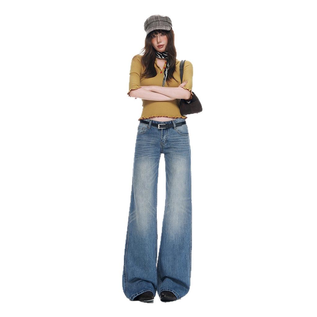 American retro washed old design wide-leg jeans women's autumn medium and low waist American loose straight pants