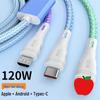 120W Super Fast Charging 3-in-1 Data Cable for Huawei, Type-C, Android & Apple Devices.
