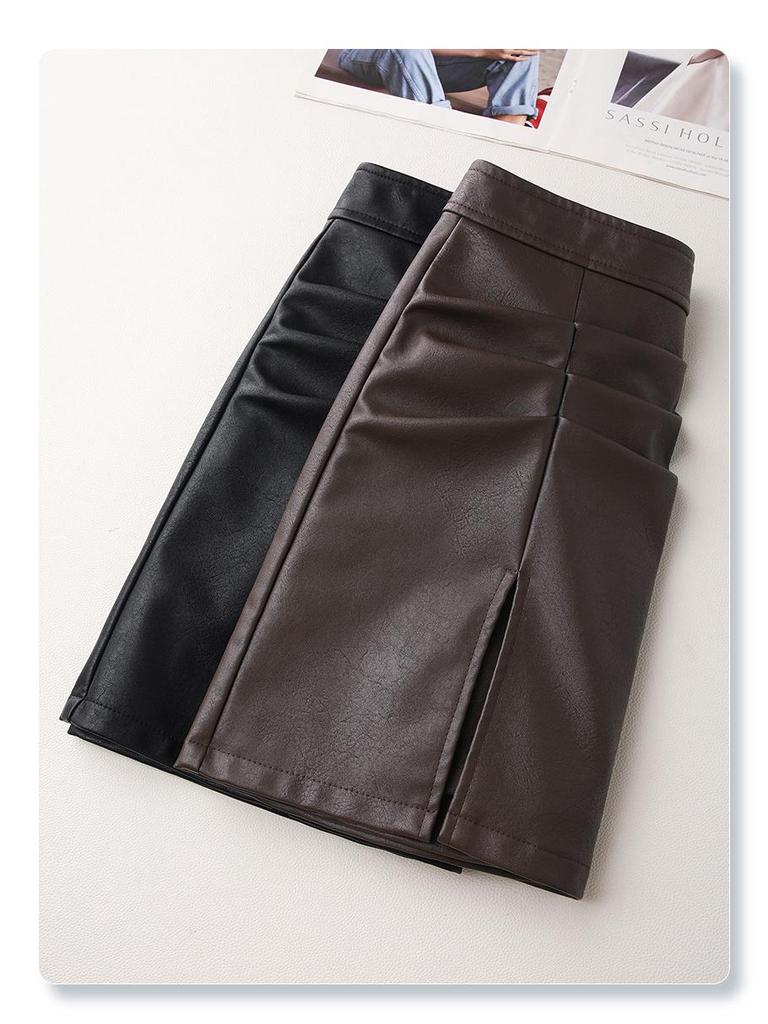 Autumn/Winter 2024 Coffee PU Leather Midi Skirt: High-End, Hip-Hugging, Slimming A-Line Design for Women