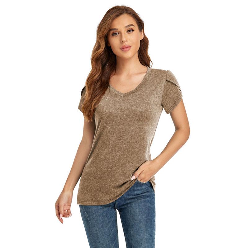 Sommer Damen T-Shirt Einfarbig V-Ausschnitt Kurzarm Locker Lässiges Oberteil