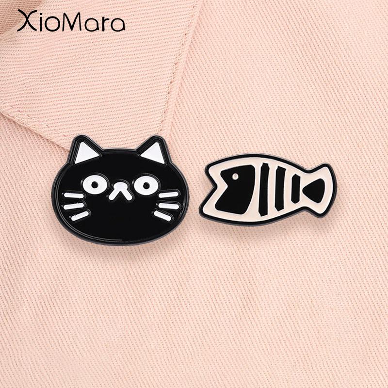 Cartoon Black Cat Enamel Pins Fishbone Funny CP Combo Cute Animal Brooches Lapel Backpack Badge Fashion Jewelry Gift for Friends