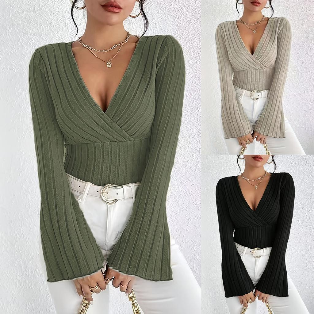 Women's V Neck Long Sleeve Ribbed Knit Slim Fit Casual Top Blouse