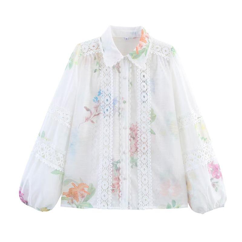 

Kaslead New Women clothes Western Style Temperament Chiffon Flower Retro Print Contrast Color Cut-out Shirt Picture Color L