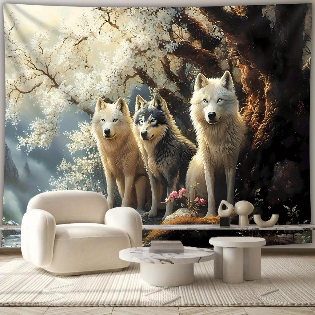 Wolf Wandteppich Weißes Wolfsrudel Unter Kirschblütenbaum Waldlandschaft Wandkunst Für Wohnzimmer Schlafzimmer Zuhause
