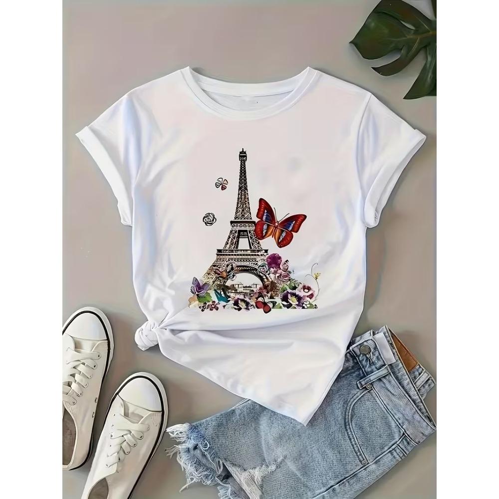 Paris Eiffel Tower Graphic T-Shirt Women’s Crew Neck Short Sleeve Tee Leopard Letter Floral Paris Print for Daily Wear