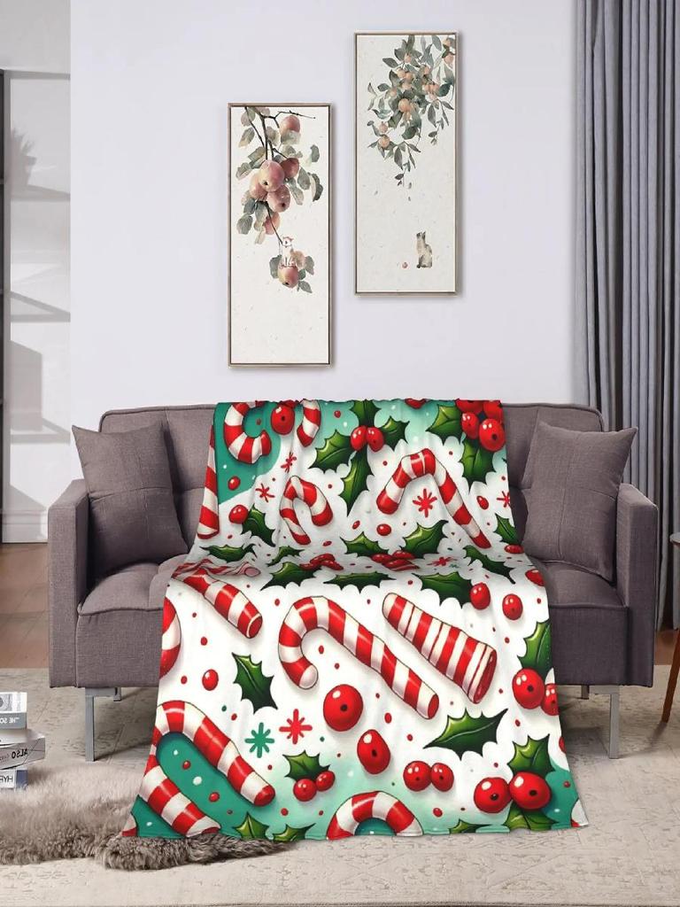 Cozy Candy Cane Christmas Blanket  Warm Soft Plush Throw for Bedroom Living Room Couch Decorative Flannel Bedspread