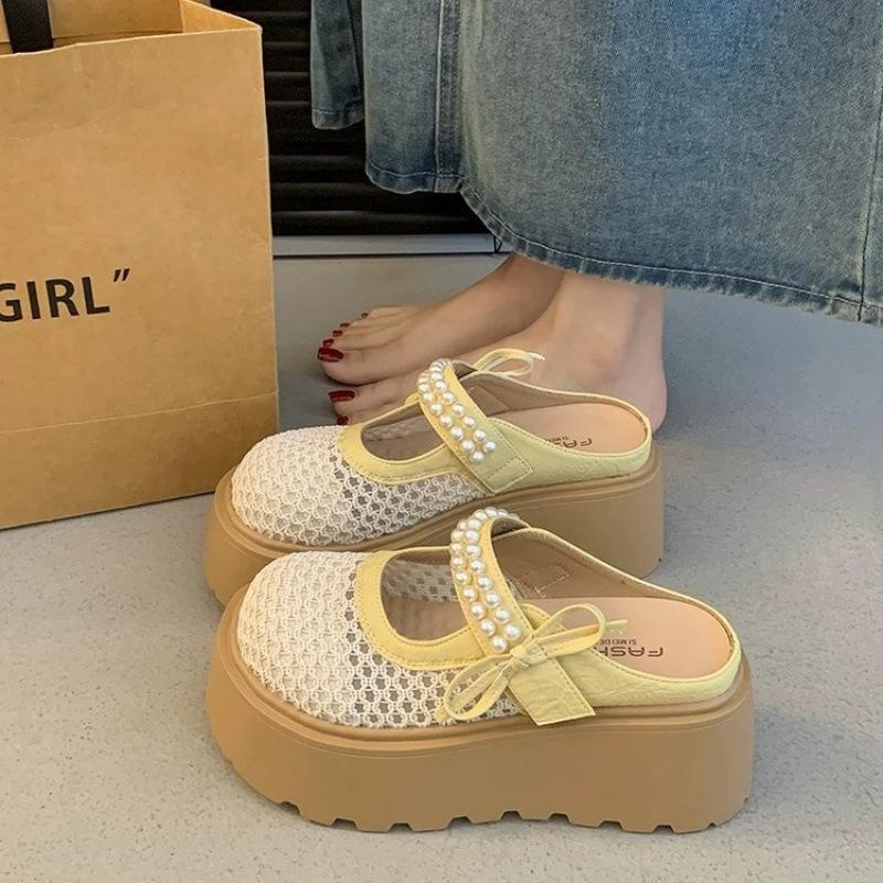 

Thick bottom inner height increase 8CM small Birkencool slippers women s summer wear 2025 new mesh bag head half slippers 35 жёлтый