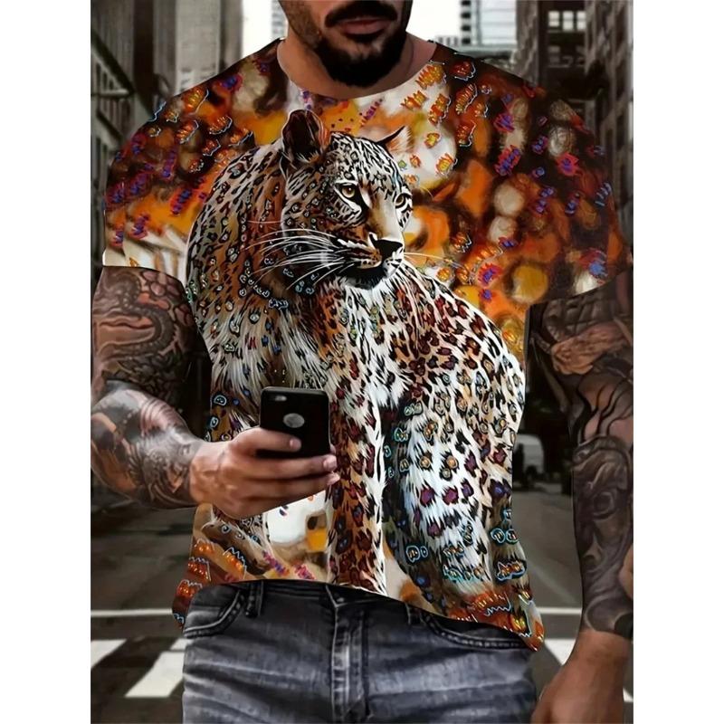 Men's T-shirt Men's Fashion Leopard Print Animal Print Casual Short Sleeved Round Neck T-shirt Loose Top