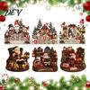 Holiday Desktop Display Signs 2D Wooden Christmas Castle Tabletop Ornament, Santa Scene Bookshelf Decoration Winter Theme Room Decorations with Stand,