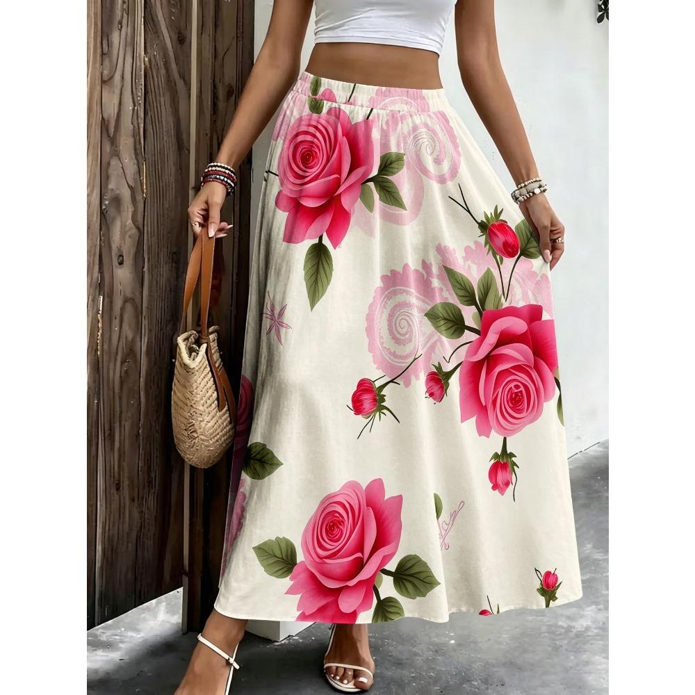 Plus-size Women's Elegant and Stylish Midi Skirt, Casual Printed Midi Dress, Pink Blooming Rose Print