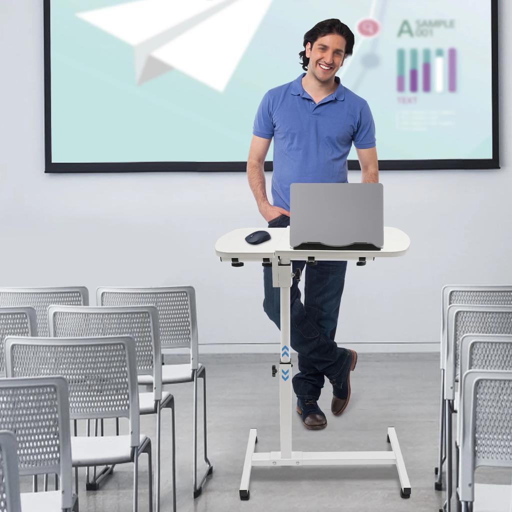 Bymaocar Adjustable Rolling Laptop Table with Wheels & Divided Board,White Waterproof Computer Desk for Bedroom, Office, Study