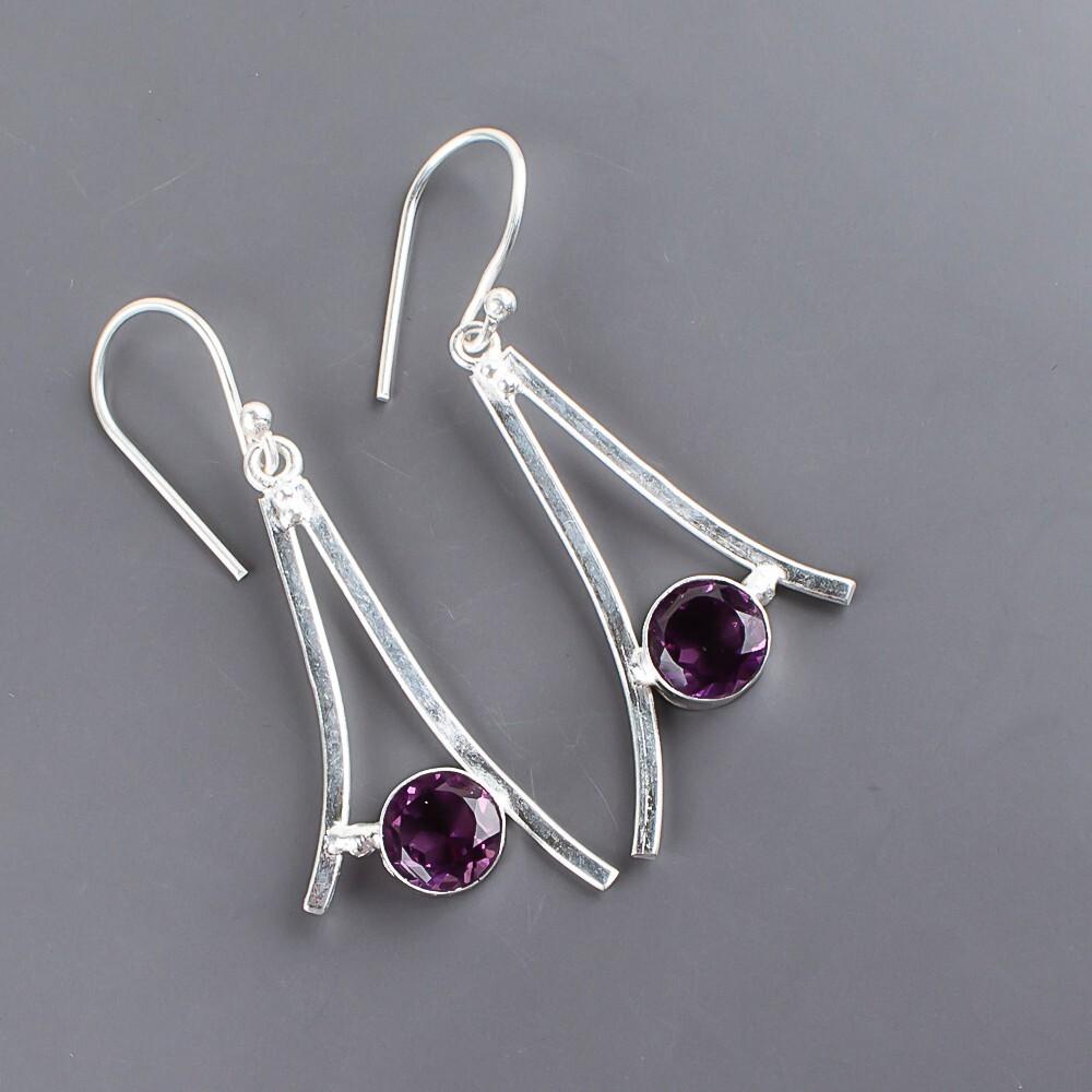 Amethyst Gemstone 925 Sterling Silver Jewelry Handmade Earrings 1.45" For Gift EE-66-7