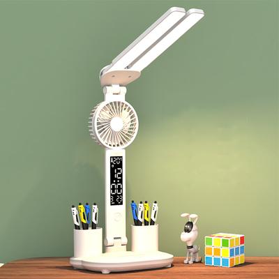 Doppelkopf-Studienlampe mit Ventilator, LED-Schreibtischlampe mit Uhr und Stifthaltern, Tischlampe mit Touch-Steuerung