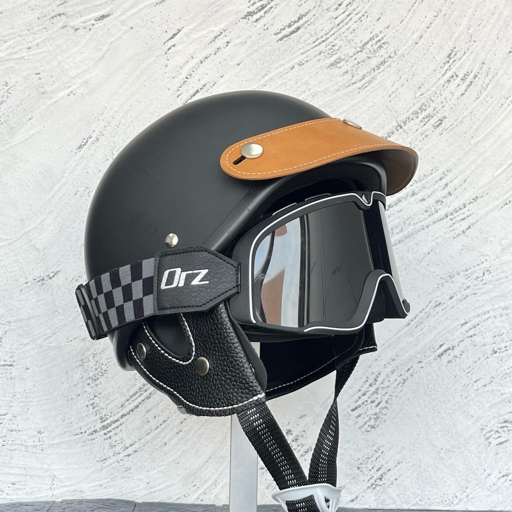 ORZ-Vintage 3/4 Scooter Helmet with Goggles Kit Windproof Anti UV Open Face Motorbike Helmet Unisex Street Riding Protection