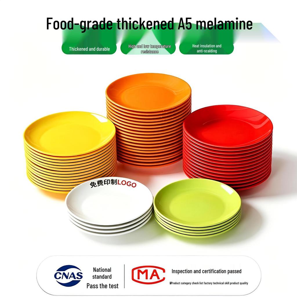 Melamine Round Plate: Porcelain-Look, Two-Color, for Commercial Use In Restaurants and Buffets - Perfect for Fast Food, Rice Bowls, and Cold Dishes.