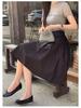 Black Pleated Midi Skirt: Women's A-line Casual Swing for Spring & Autumn - Petite Sizes Available
