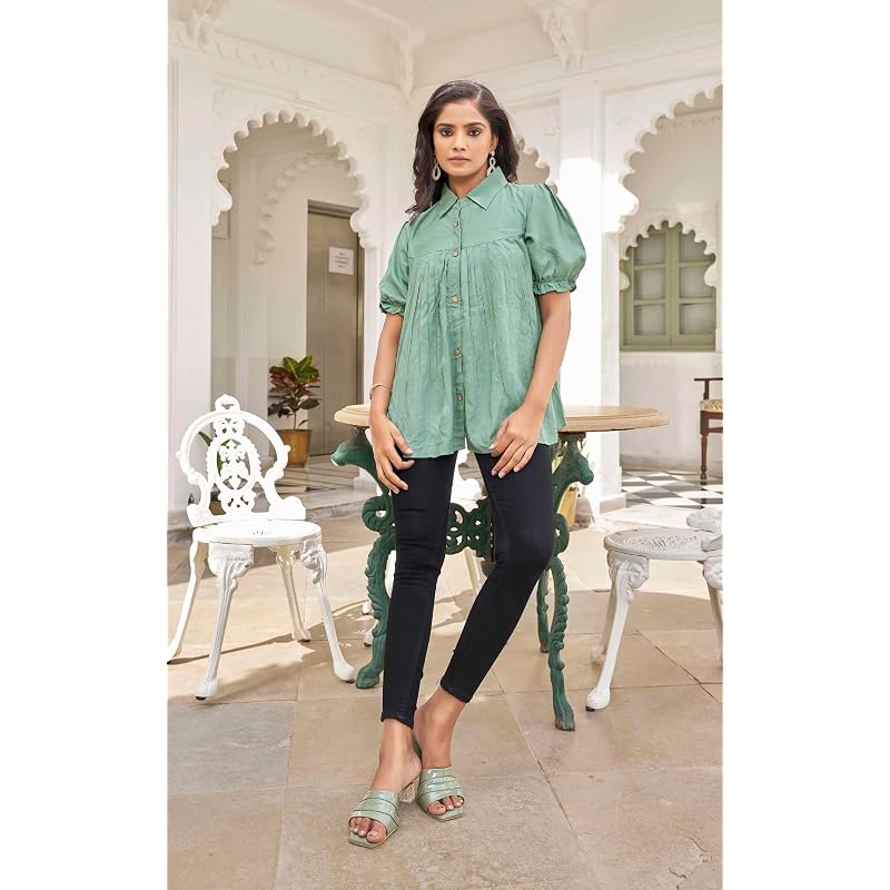 Kesudi Women' Heavy Rayon Solid Tunic With Spread Collared Half Sleeves Short Sleeve And Button Closure BalloonGreen