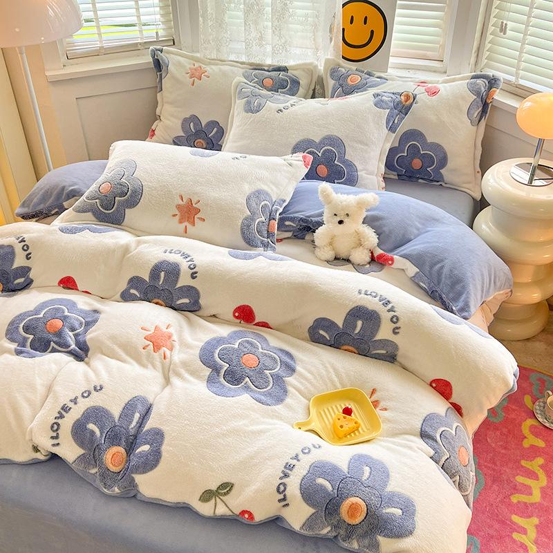 3Pcs Duvet Cover Set,1Pc Heart Print Thicken Winter Warm Duvet Cover with 2Pcs Pillowcases for Double Bed Funda Nordica Cama