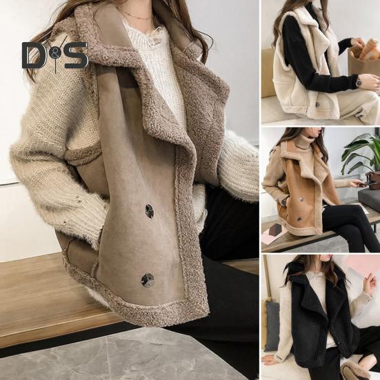 Women Waistcoat Sleeveless Lapel Double-Breasted Short Style Solid Color Casual Cardigan Thickened Velvet Lining Vest Coat