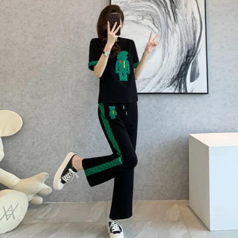 European Summer Sports Suit Women's Embroidered Bear Western Style Short Sleeve Wide Leg Pants Two-piece Set