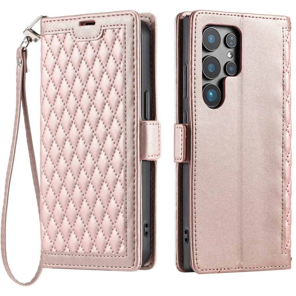 For Samsung Galaxy S24 Ultra Leather Case Rhombus Texture Wallet Stand Phone Cover with Wrist Strap
