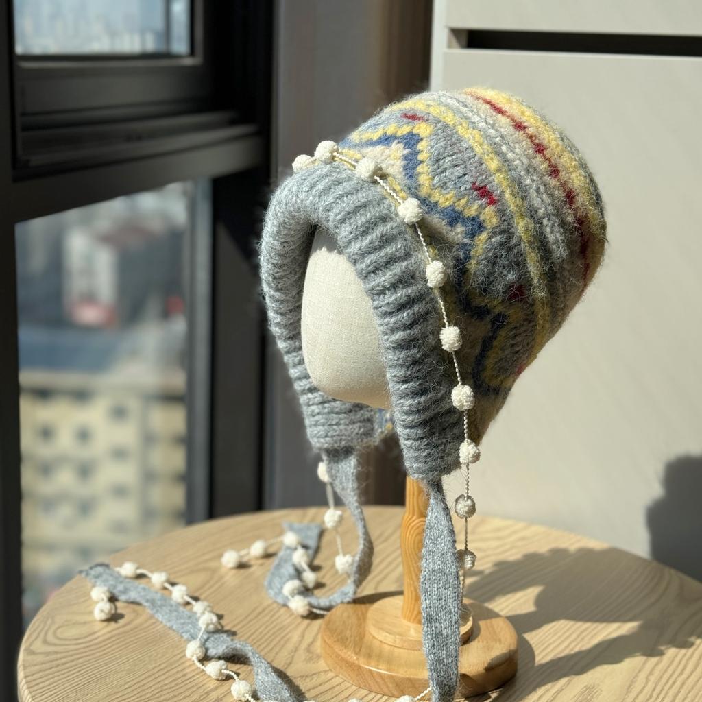 New Fair Isle Knitted Beanie Women's Autumn and Winter Warm Balaclava Thickened Ear Protection Baotou Hat