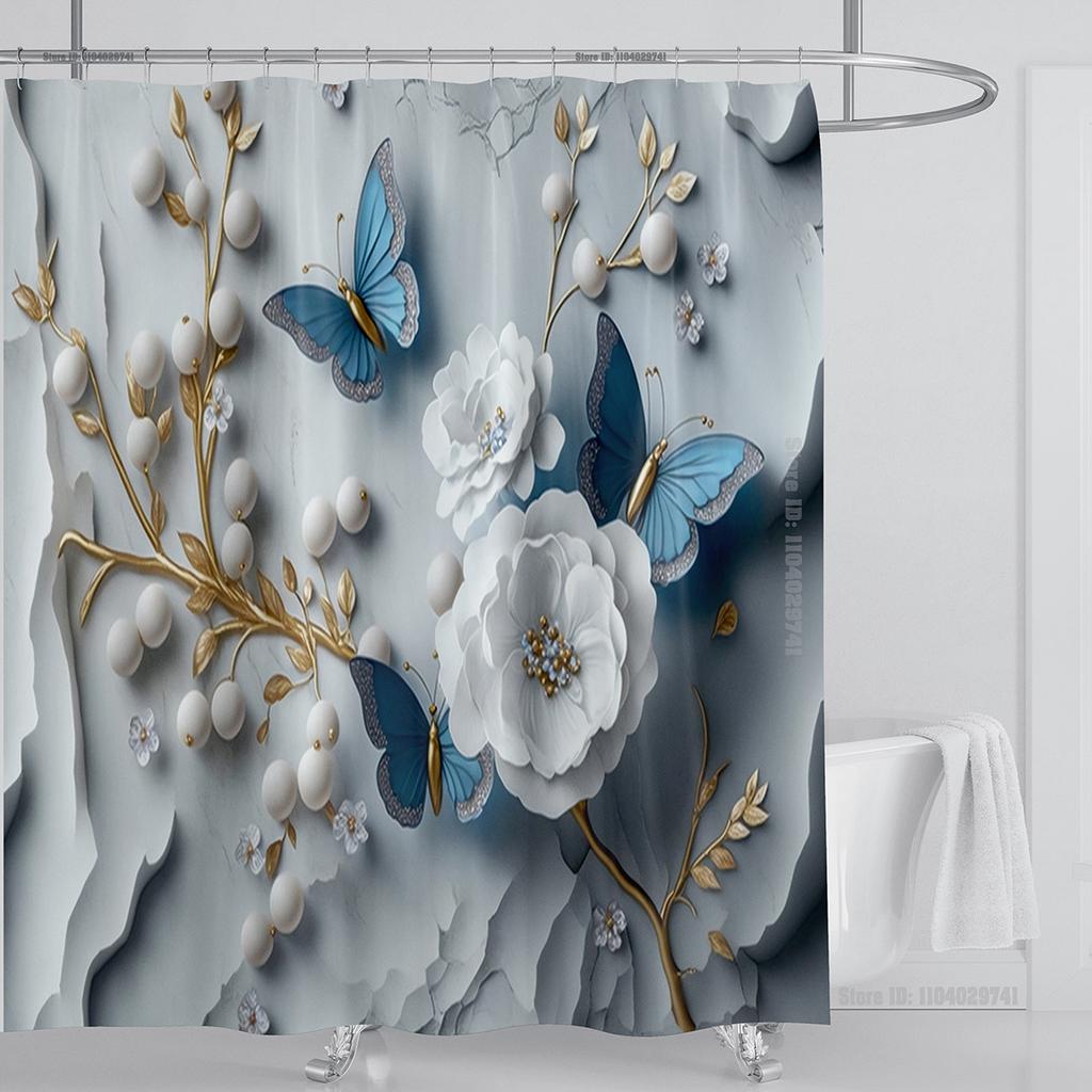 3D Stereo Beautiful Flower Printing Bathroom Curtain Waterproof Polyester Shower Curtain Home Decoration Curtain with Hooks
